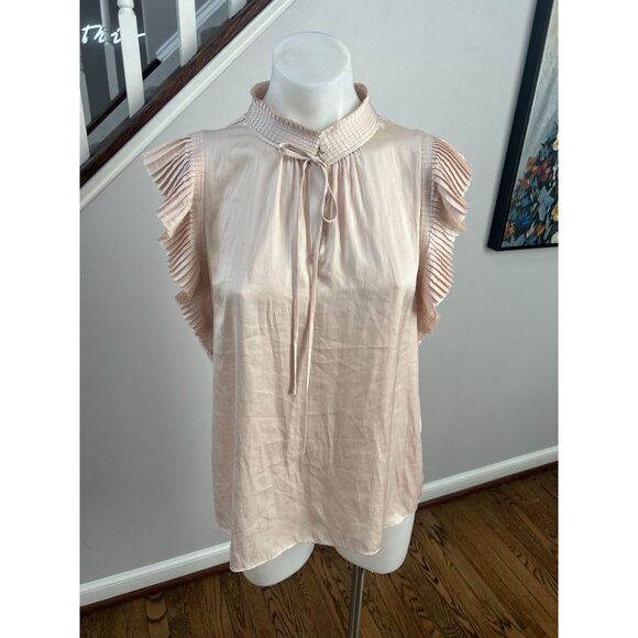 FRAME Pleated Flutter Sleeve Keyhole Satin Blouse in Parchment Size Large - Picture 3 of 5